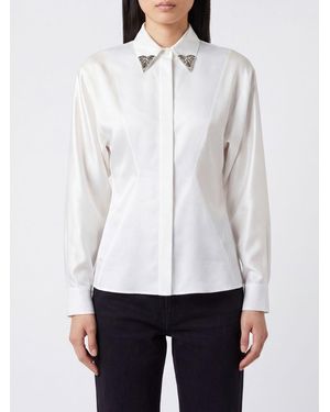 Versace Camisa De Algodón Con Cuello Joya Y Bordado De Strass - Blanco