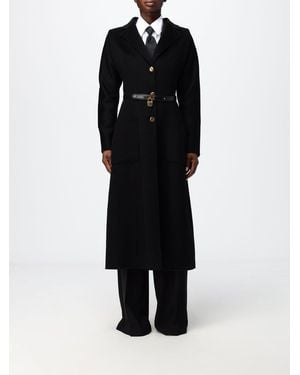 Elisabetta Franchi Single-Breasted Long Pure Wool Coat With Waist Belt - Black