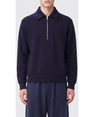 Jil Sander Sudadera De Media Cremallera En Mezcla De Lana Y Algodón Con Cuello - Azul