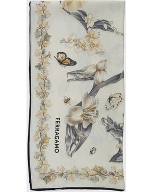 Ferragamo Quadratisches Foulard Aus Reiner Seide Mit Blumendruck Und Logo - Grau