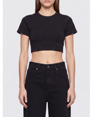 The Attico Cropped Corset-Style Cotton T-Shirt With Embroidered Logo - Black