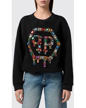 Philipp Plein Monogram Cotton Sweatshirt With Hexagon Logo And Back Neckline - Black