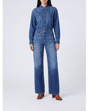 Elisabetta Franchi Mono De Denim De Algodón Con Cuello Clásico - Azul
