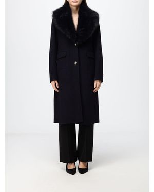 Hanita Single-Breasted Long Wool Blend Coat With Fur Collar - Blue
