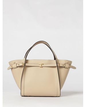 Tod's T Signature Grained Leather Handbag With T Timeless Logo - Natural