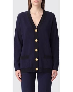 Elisabetta Franchi Virgin Wool Cardigan With Contrast Trims And Logo - Blue