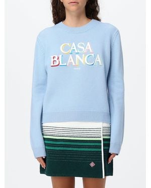 CASABLANCA Jersey De Cuello Redondo En Pura Lana Con Logo En Contraste Y Hombros Caídos - Azul