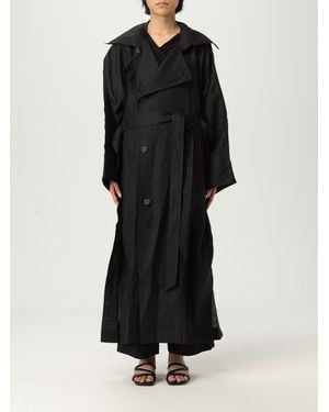 Issey Miyake Linen Trench Coat Relaxed Fit Longline - Black