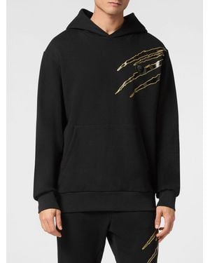 Philipp Plein Cotton Hoodie With Graphic Print And Hexagon Logo - Black