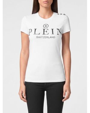 Philipp Plein Slim Fit Jersey Crewneck T-Shirt With Contrast Logo And Epaulettes - White
