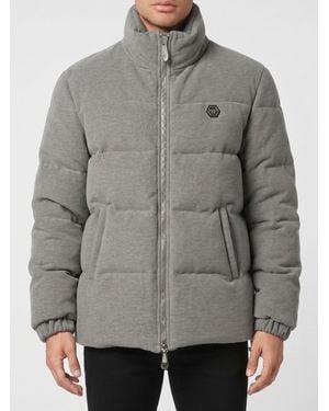 Philipp Plein Wool Down Jacket With Logo And Slogan - Grey