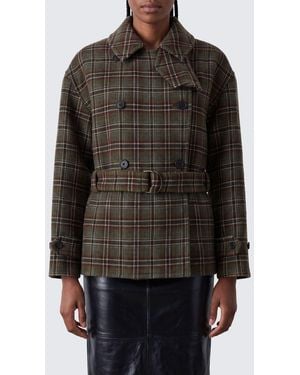 Chloé ChloÉ Tartan Wool-Blend Double-Breasted Peacoat With Waist Belt - Black