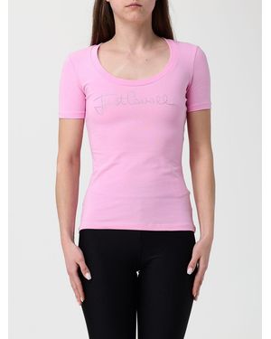 Just Cavalli Cotton T-Shirts With Rhinestone Logo - Pink
