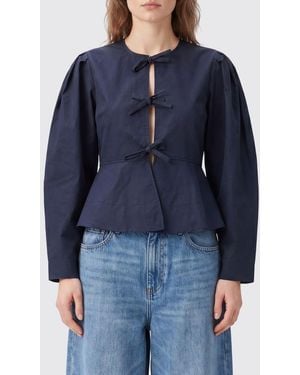 Ganni Cropped Cotton Jacket With Ruched Shoulders And Tie Fastening - Blue