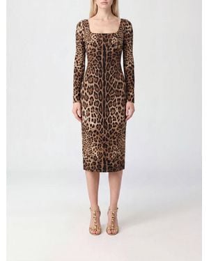 Dolce & Gabbana Dolce &Amp Gabbana Animal Print Viscose Sheath Midi Dress With Square Neckline - Brown