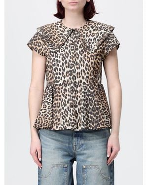 Ganni Organic Cotton Shirt With Animal Print - Brown