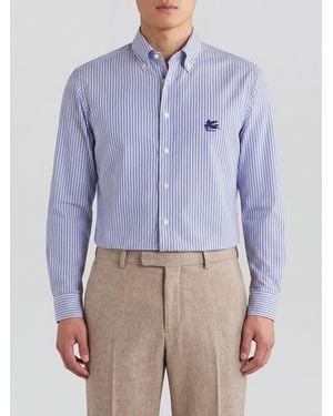 Etro Gestreiftes Baumwollhemd Mit Button-Down-Kragen Und Cube-Logo - Blau