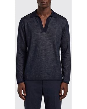 Ferragamo Long-Sleeved Silk Polo With V-Neck - Blue