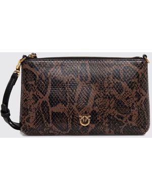 Pinko Horizontal Flat Python-Print Leather Clutch With Love Birds Logo - Grey