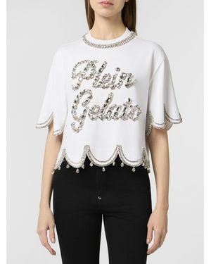 Philipp Plein Cropped Cotton Jersey T-Shirt With Rhinestone Logo And Wavy Hem - White
