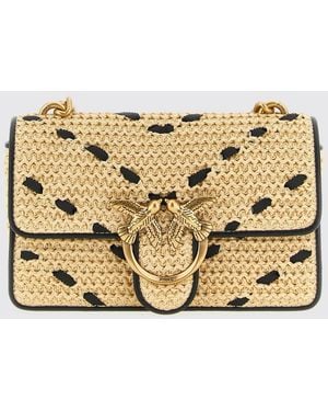 Pinko Mini Love Bag One Light Chevron Raffia And Leather Bag - Metallic