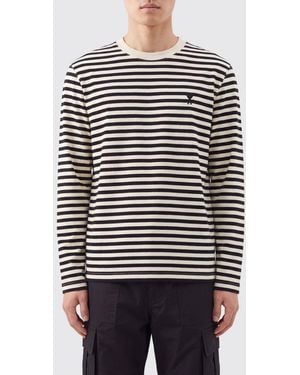 Ami Paris Striped Long-Sleeved Cotton T-Shirt With Contrast Logo - Grey