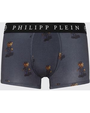 Philipp Plein Stretch Cotton Boxer Shorts With Teddy Bear Print And Logo Waistband - Blue