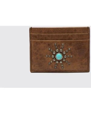 HTC Cowhide Leather Card Holder With Embroidery - Brown