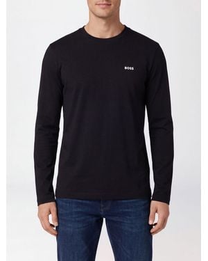 BOSS Long-Sleeved Cotton T-Shirt With Crewneck And Contrast Logo - Blue