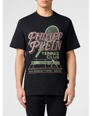 Philipp Plein Tennis Club Cotton T-Shirt With Rhinestone Embroidered Logo - Black
