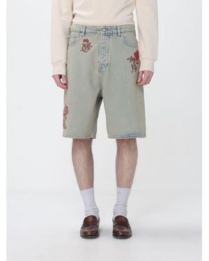 Drole de Monsieur Cotton Denim Bermuda Shorts With Floral Embroidery - Grey