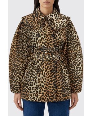 Ganni Animal Print Double-Breasted Polyester Trench Coat - Brown