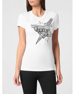 Philipp Plein Slim Fit Jersey T-Shirt With Graphic Print And Rhinestones - White