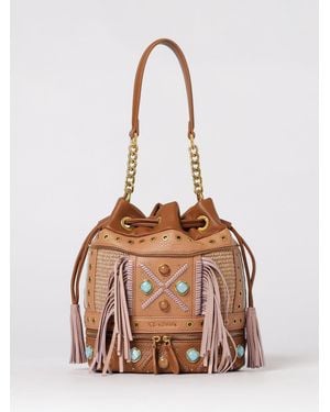La Carrie Jungle Faux Leather Bucket Bag With Fringes And Stones - Natural