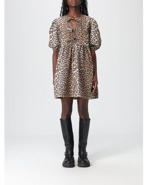 Ganni Animal Print Cotton Shirt Dress - Natural