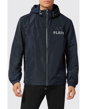 Philipp Plein Technical Fabric Hooded Windbreaker Jacket With Logo Print - Blue
