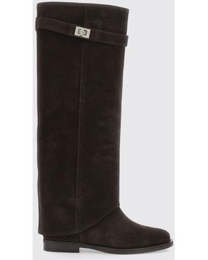 Via Roma 15 Knee-High Calfskin Leather Wedge Boots With Strap Details - Black