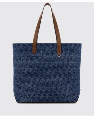 Fendi Sac Shopping En Denim Brodé Ff - Bleu