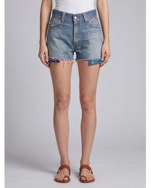 HTC High-Waisted Shorts With Frayed Hem And Bandana Motif - Blue