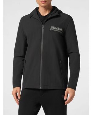 Philipp Plein Nylon Windbreaker Jacket With Hood And Zipped Pockets - Black