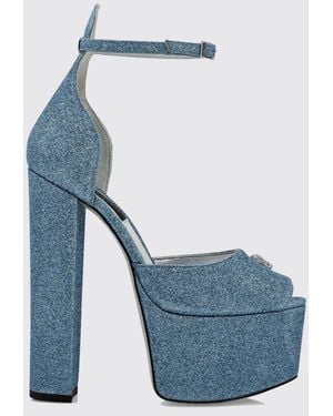 Philipp Plein Glitter Leather Platform Sandals With High Heel And Skull - Blue