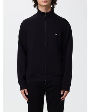 Emporio Armani High Neck Cotton Blend Zip-Up Sweatshirt With Eagle Logo - Blue