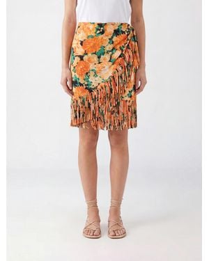 Pinko Floral Embroidered Viscose Wrap Mini Skirt With Fringes - Orange