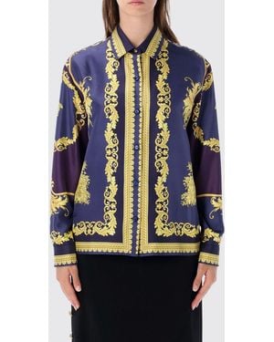 Versace Baroque Print Pure Silk Long-Sleeved Shirt - Blue