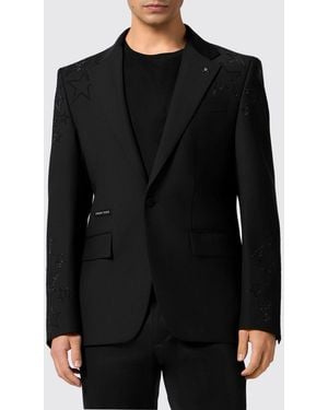 Philipp Plein Single-Breasted Wool-Blend Blazer With Star Embroidery And Rhinestones - Black