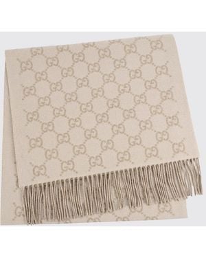 Gucci Gg Monogram Pure Cashmere Scarf With Fringed Edges - Natural