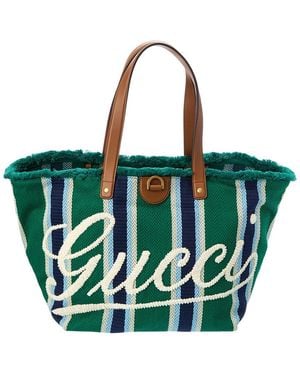 Gucci Embroidered Canvas & Leather Tote - Green