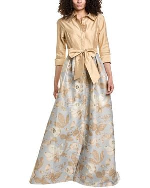 Teri Jon Pleated Shirt Gown - Natural
