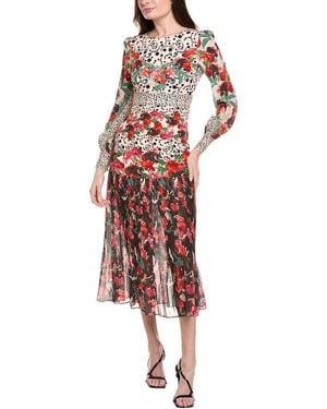 Saloni Accordion Pleated Drop-waist Silk Midi Dress - Red