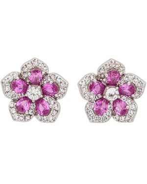 Suzy Levian Silver 0.02 Ct. Tw. Diamond & Gemstone Flower Earrings - Pink